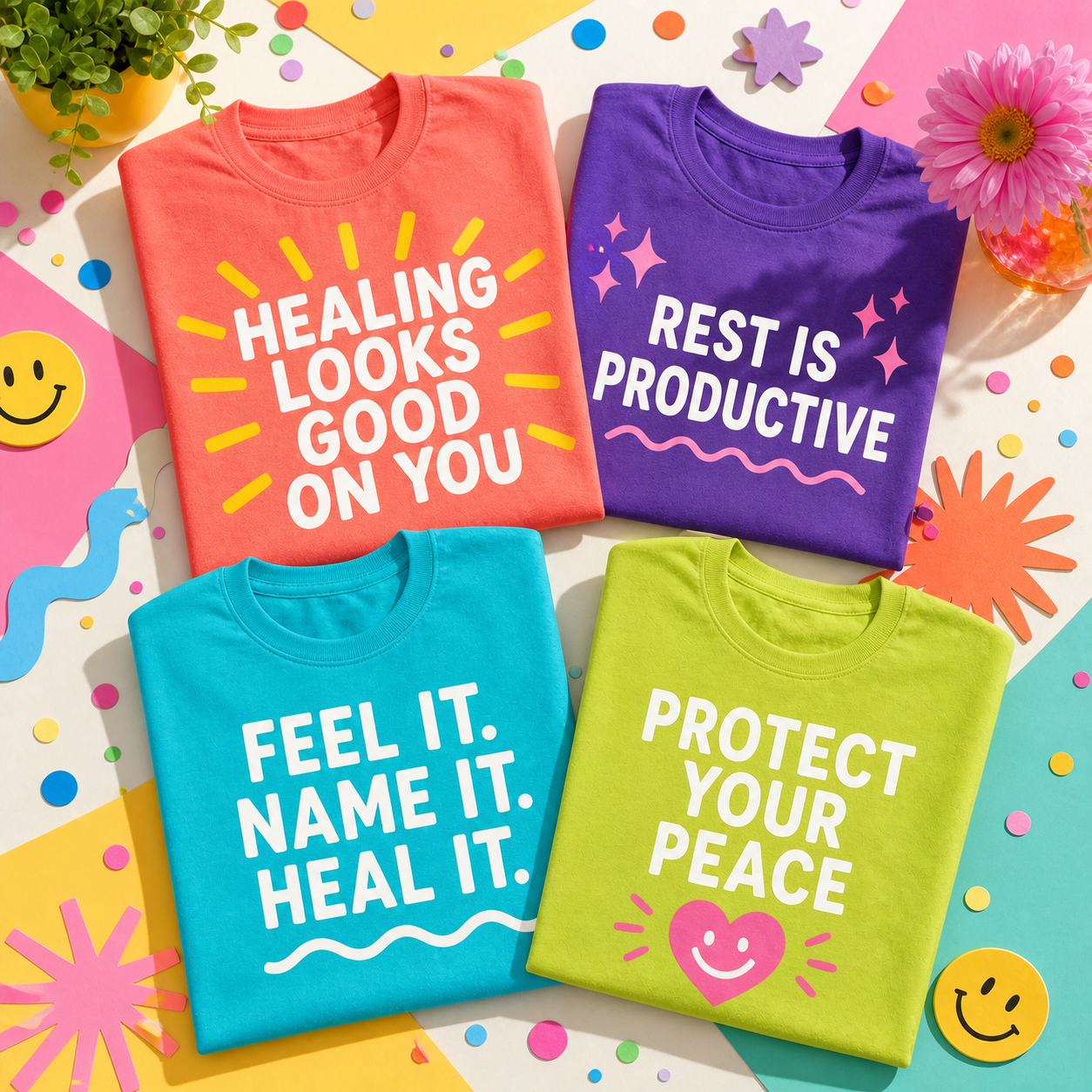 Mockup of four bright coral, purple, turquoise, and lime mental-health T-shirts