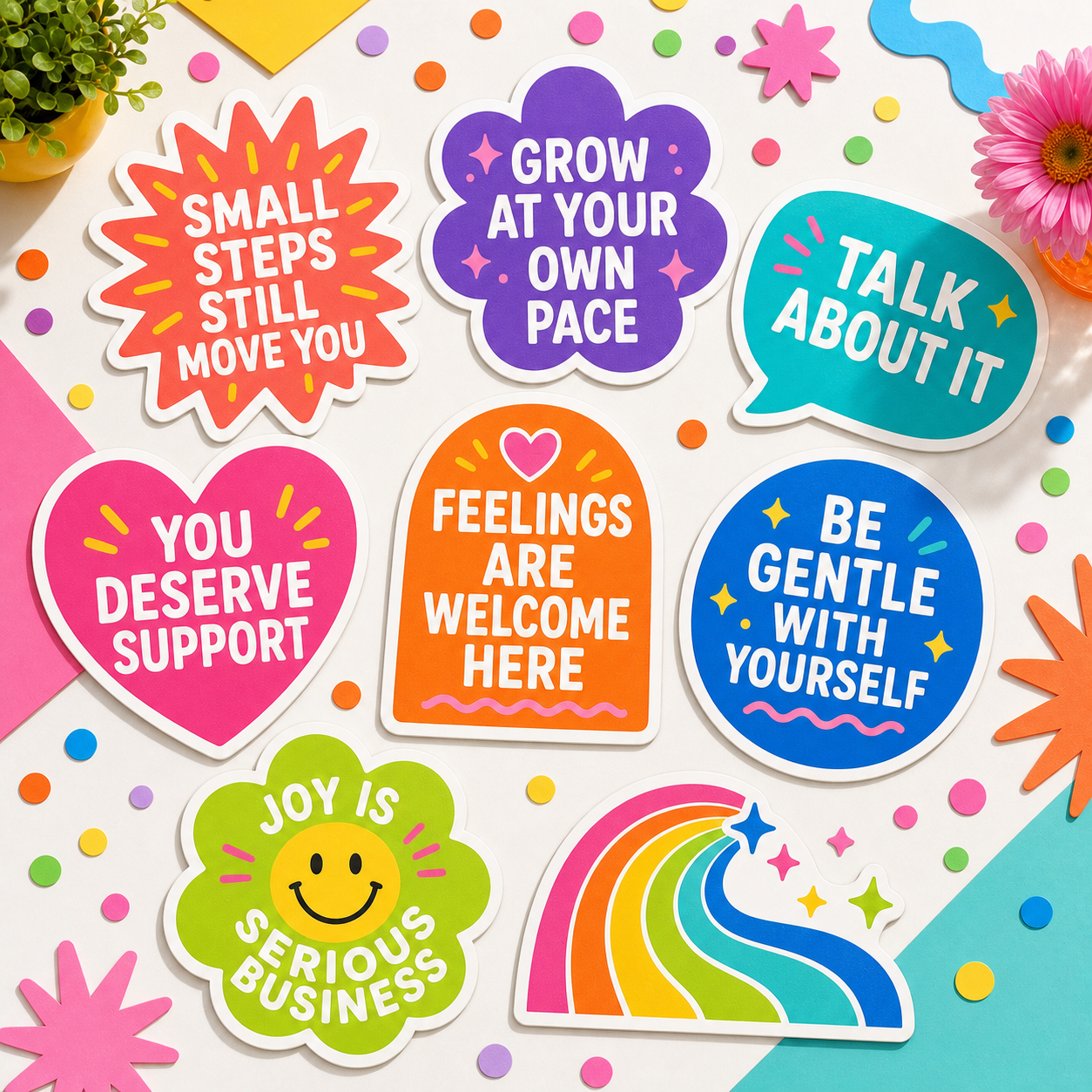 Mockup of a vivid rainbow-colored mental-health sticker collection