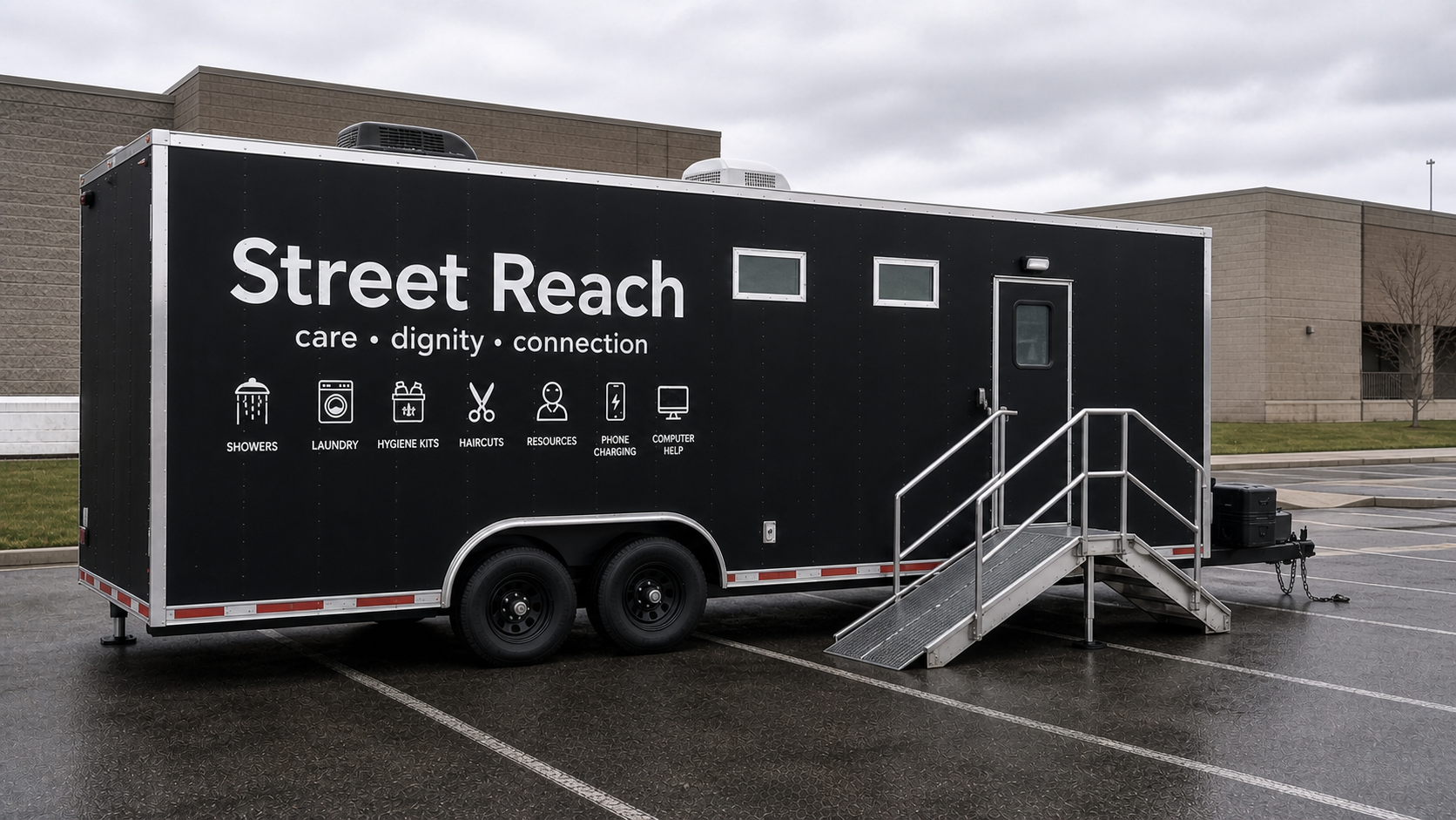 Realistic exterior view of the coordinated medium-length Street Reach mobile basic-care trailer with an accessible entry door