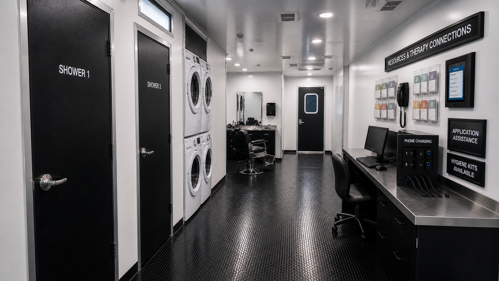 Realistic coordinated Street Reach interior with two showers, two washers, two dryers, an entry door, haircut station, resources, phone charging, and application assistance
