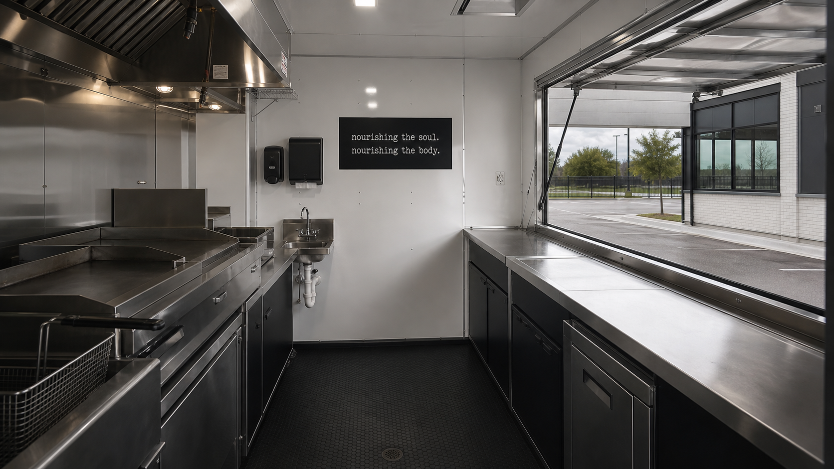 Realistic interior view of the therapy. commercial food-trailer kitchen